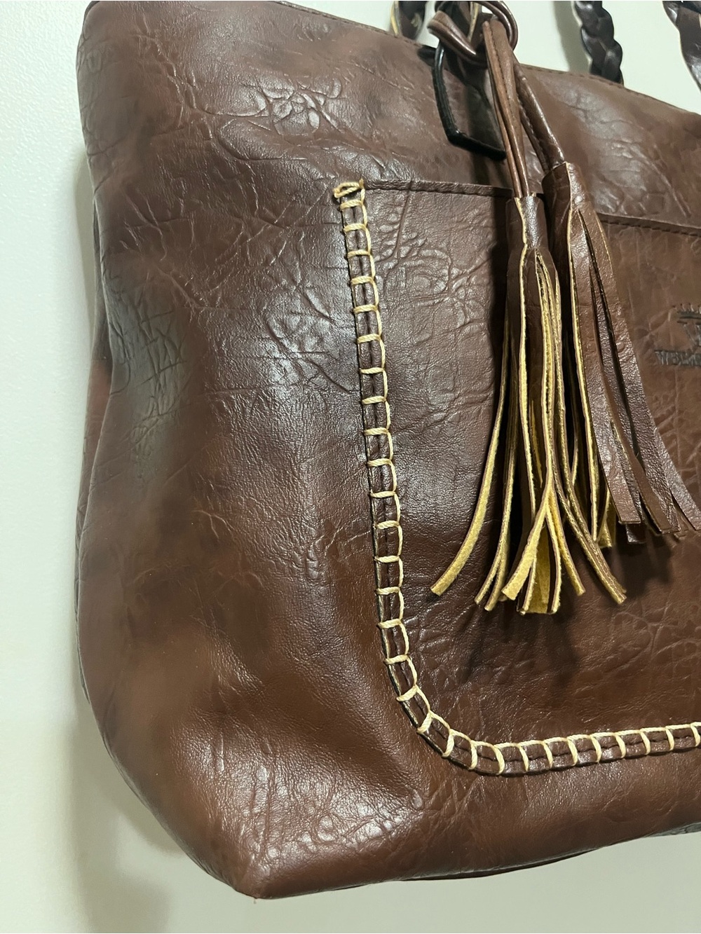 Weimeibaige Brown Braided Strap Oversized Tote Bag Tassel Whipstitch - Picture 4 of 11